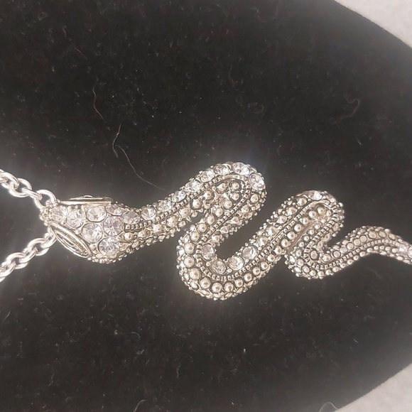 Silvertone Clear Rhinestone Snake Pendant Long Necklace - Picture 3 of 17